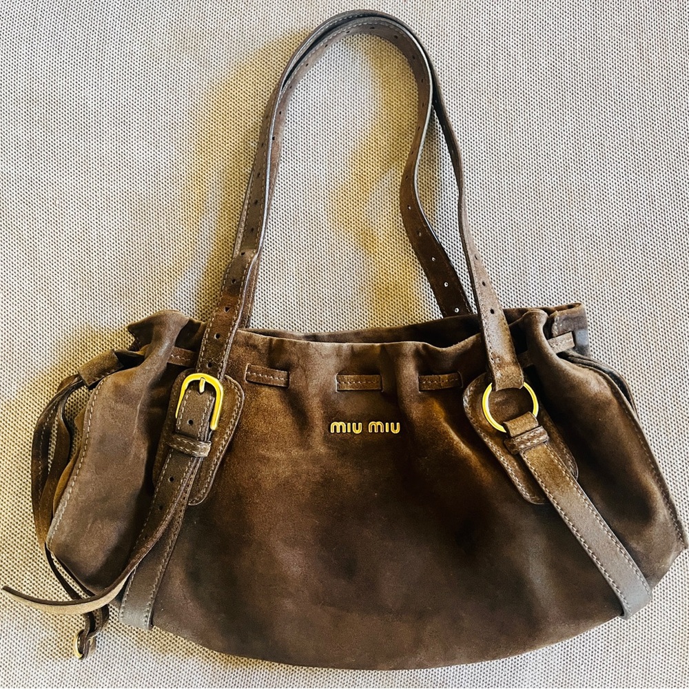 Miu Miu Chocolate Brown Suede Shoulder Bag with Gold Hardware